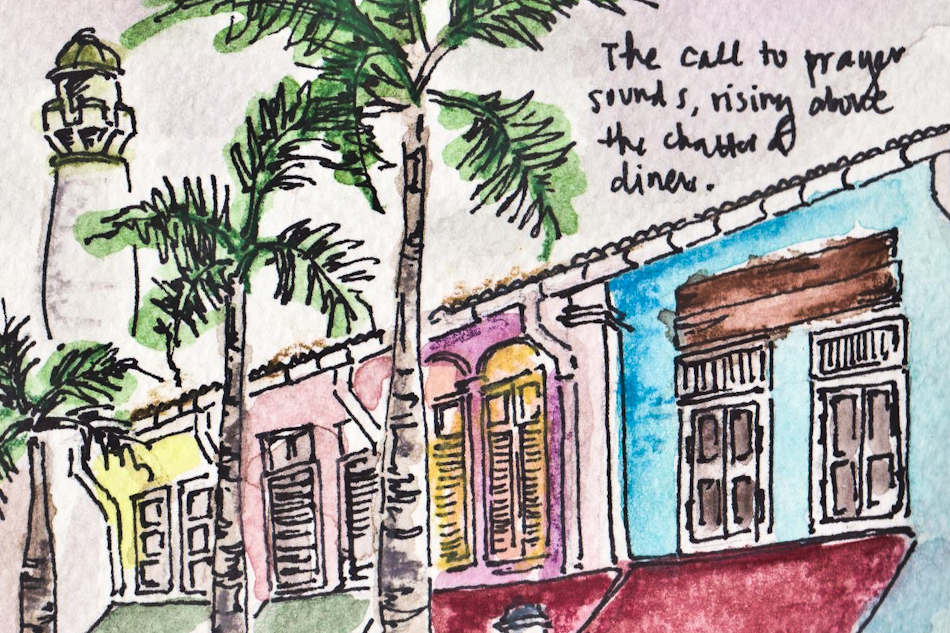 Sketching Singapore: Shophouses and shisha on Bussorah Street.