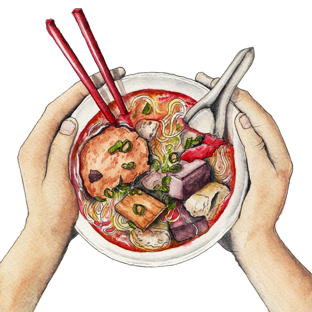 Hand-drawn full-color watercolor food illustration of soup