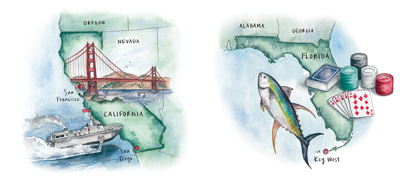 Watercolor map illustrations of the United States